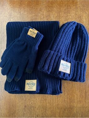 Hard Rock Casino Rockford Navy Knit Beanie, Scarf & Glove Set